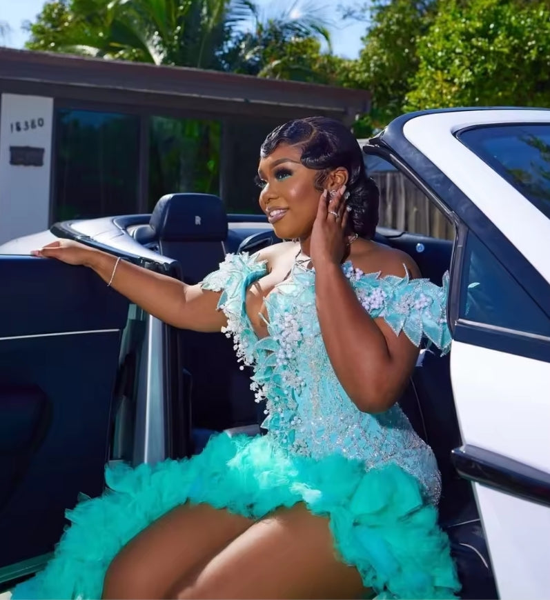 Customized Luxury Green Ruffles Prom Dress Mermaid Diamond Crystal Beaded Black Girl High Slit Evening Party Gown