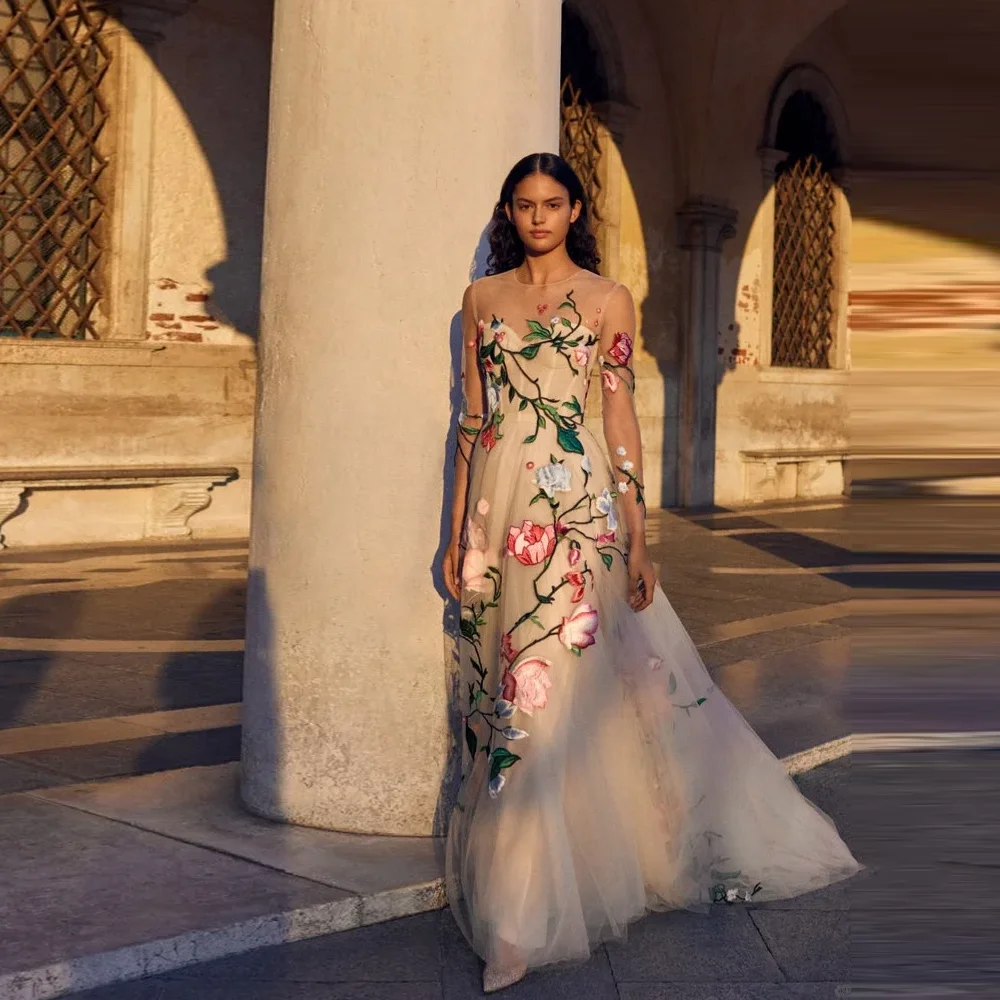 Applique Flower Maxi Dresses Long Sleeves A Line Pretty Handmade 3D Floral Prom Party Dress Custom Made Tulle Bride Prom Gowns