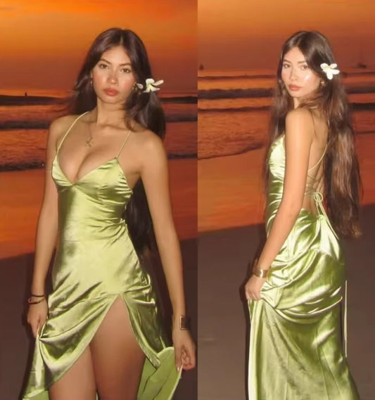 Customized Graceful Green Satin Evening Dress Fashion V-Neck Spaghetti Straps Sleeveless Party Dress Temperament Celebrity Gowns