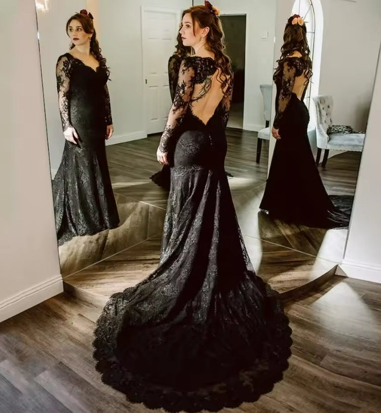Customized Tulle Appliques Lace Wedding Dress V-Neck Long Sleeves Backless Bridal Gown Exquisite High Quality Prom Dresses Women