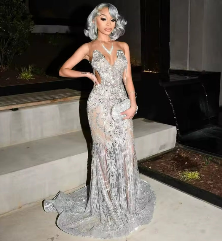Silver Sequined Prom Party Dresses 2025 Diamonds Crystal Birthday Party Gown For Black Girls Gala Outfit Gown Customized