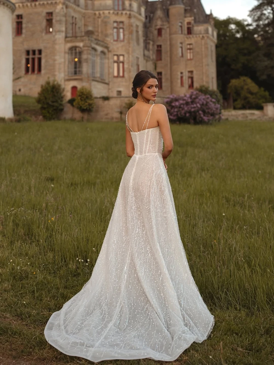 2026 Dazzling A Line Lawn Wedding Dress With Thin Straps Customized Bridal Gown Zipper Back Beaded Romantic Bride Wear