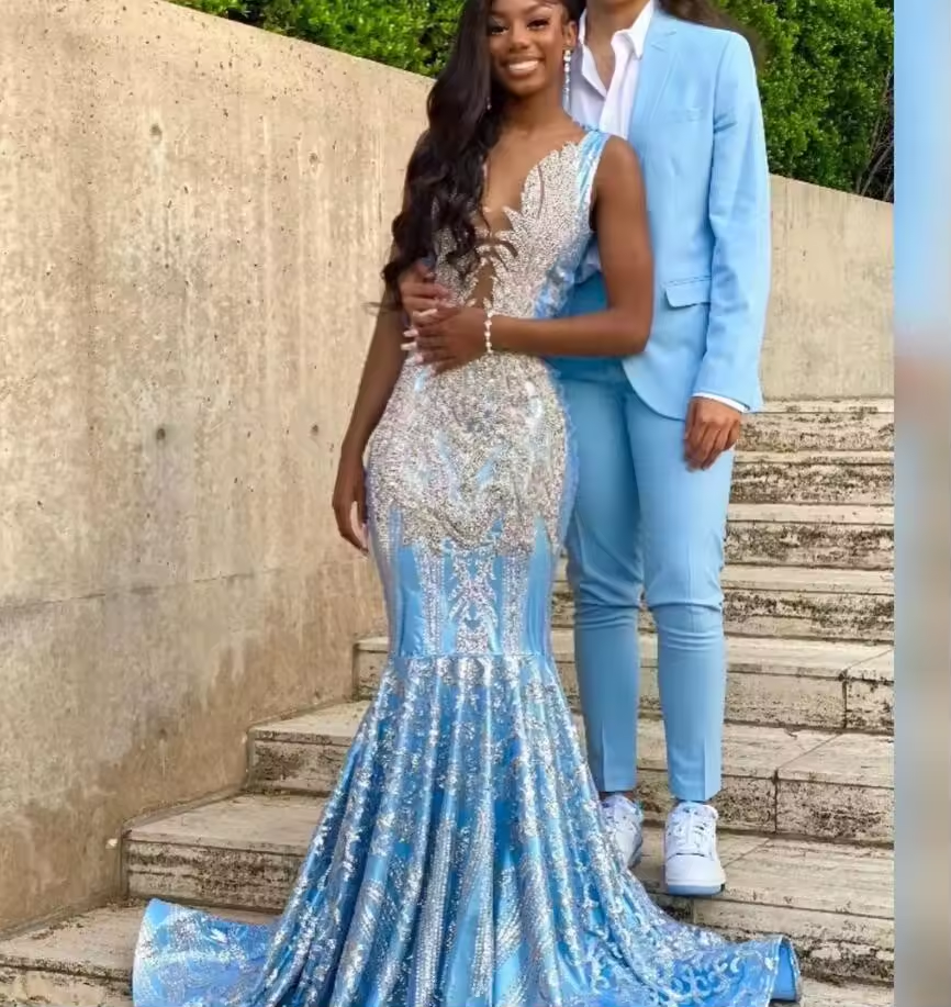 Sky Blue Long Mermaid Prom Dress for Women Silver Diamond Crystal Applique Black Girl Birthday Evening Gown Formal Dresses