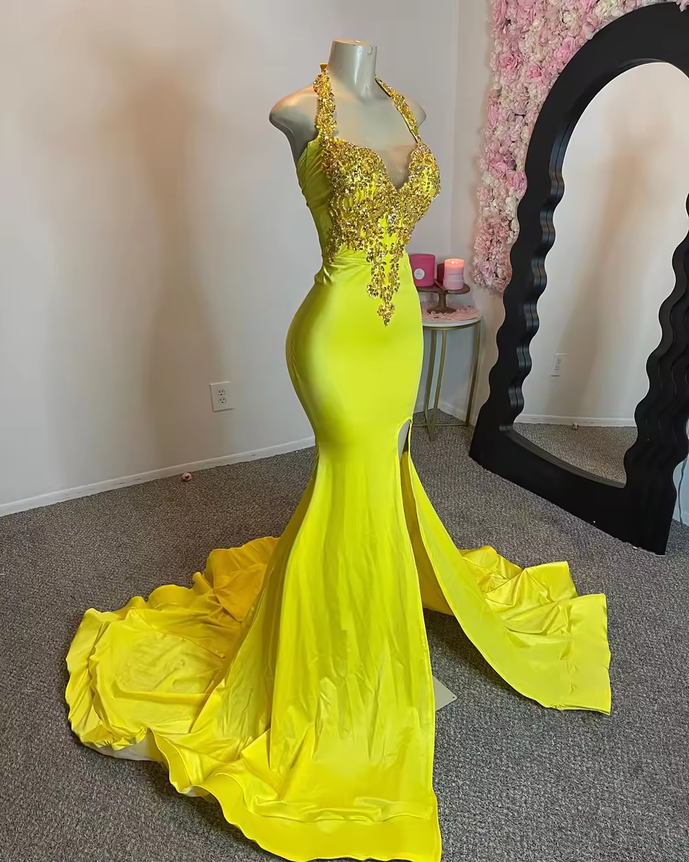 Sexy Halter Mermaid Prom Dresses for Black Girls Sparkly Beaded Embroidery High Slit Long Prom Gala Gowns Customized