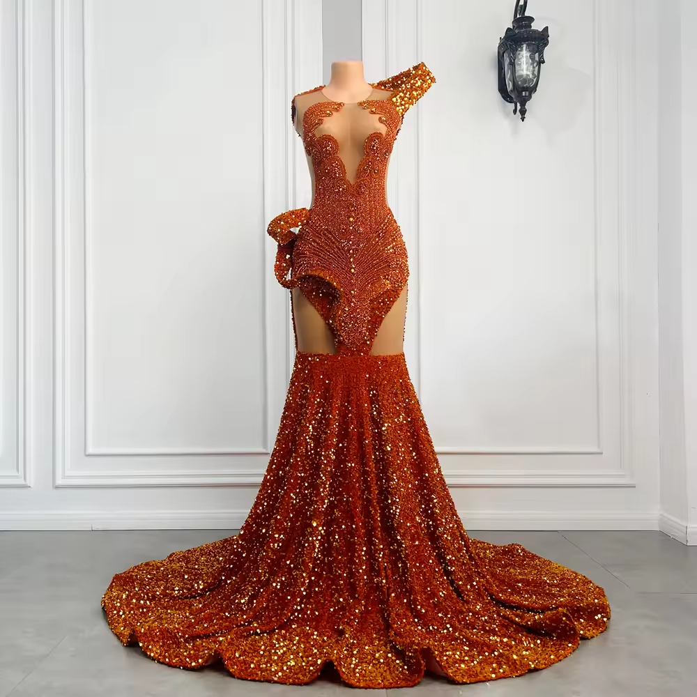 Long Orange Prom Dress 2025 Gorgeous Sexy Mermaid Sheer Mesh Sparkly Sequin Black Girls Prom Party Gowns