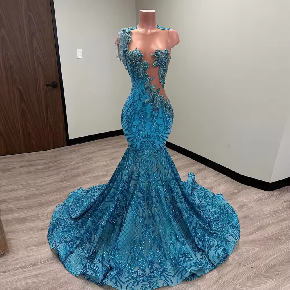 See Through Ice Blue Seuqins Beaded Mermaid Dress Crystals Printed Tassel Evening Dresses Ruffled Floor Length Prom Gown