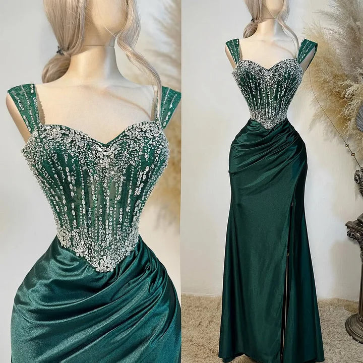 Dark Green Sweetheart Sleeveless Mermaid Evening Dress Straps With Split Beadings Crystals
