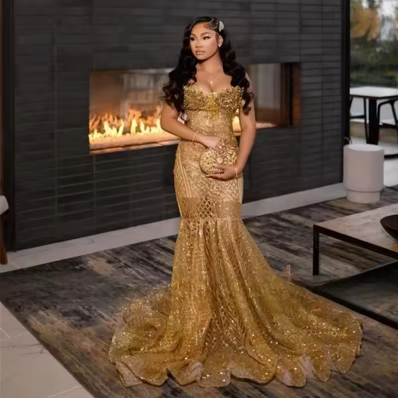 Shinny Gold Prom Dresses Black Girl 2025 Sequin Beading Christmas Party Gowns Mermaid Evening Dress Gala Customized