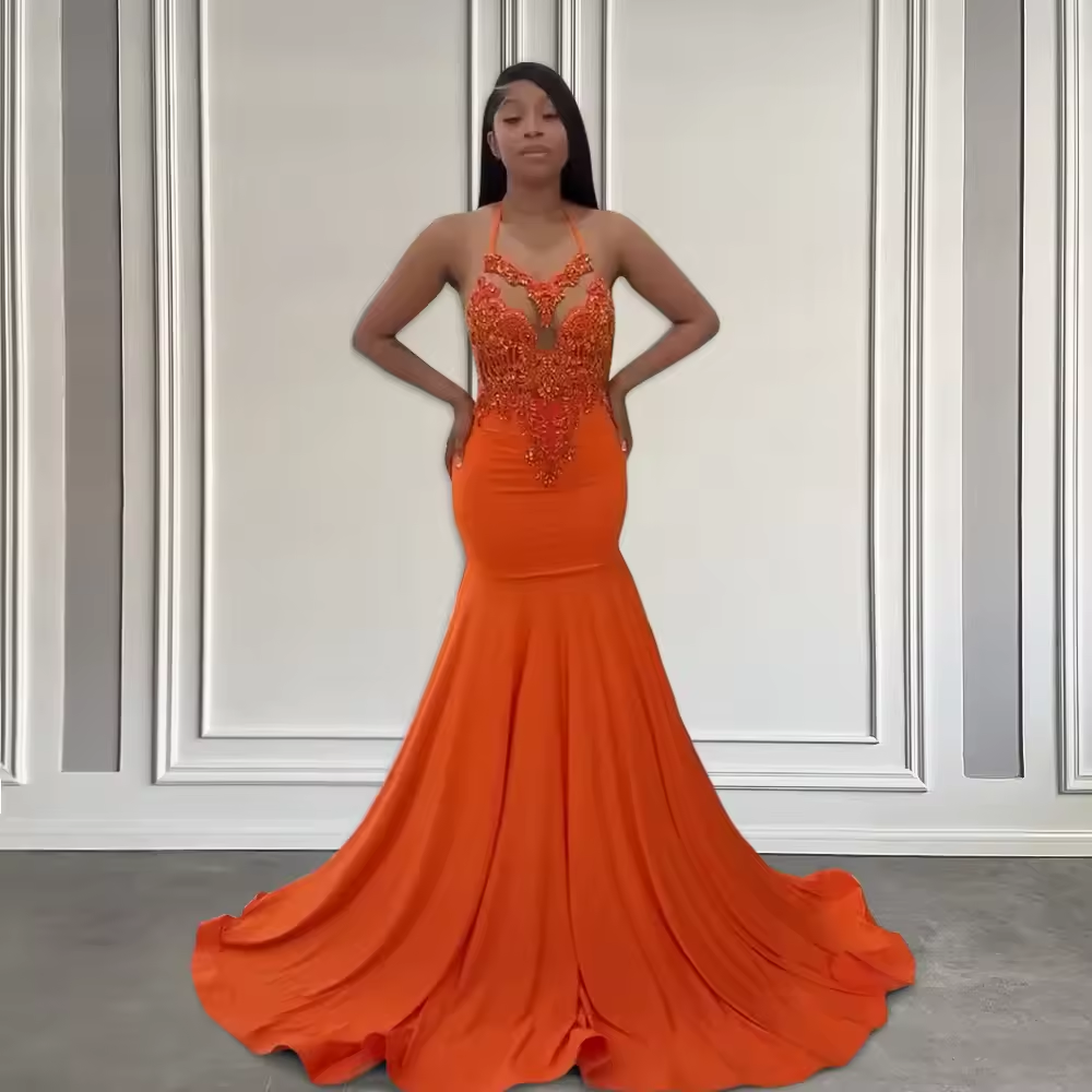 Elegant Orange Mermaid Halter Prom Dresses for Black Girls 2025 Sleeveless Beaded Appliques Long Gala Formal Gowns Customized