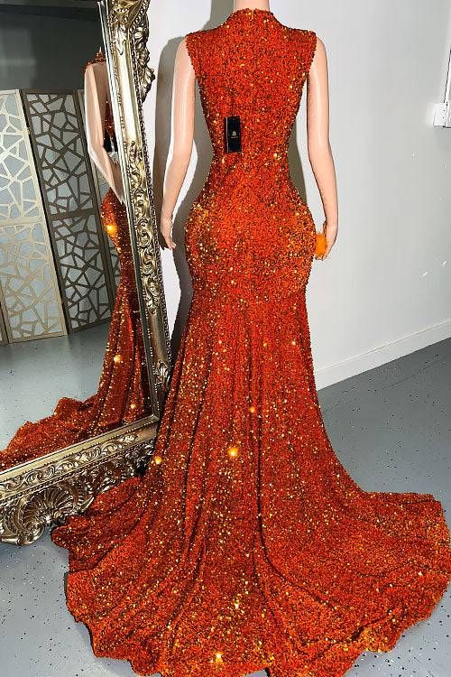 Sparkly Crystals Mermaid Long Prom Bead Diamonds Feathers Orange Birthday PartyGown For Black Girls Customized
