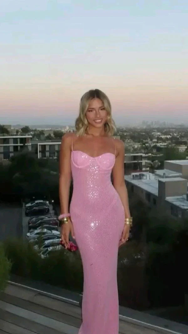 Pink Shiny Fashion Elegant Long Mermaid Slim Sequin Ball Gown Evening Dress Party DressProm Dress