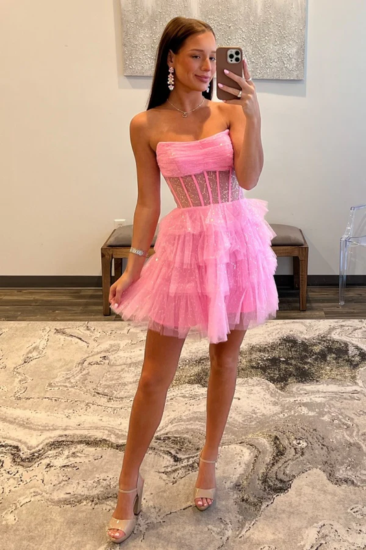 A-Line Boat Neck Sequins Sparkly Tulle Tiered Homecoming Dress