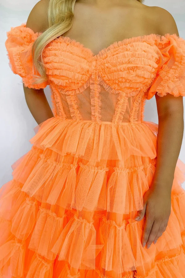 A-Line Off Shoulder Half Sleeves Ruffles Tulle Tiered High Side Slit and Train Evening Dress Prom Party Dress Formal Party Gown