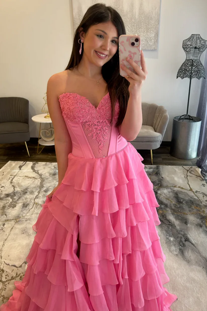 A-Line Strapless Appliques Ruffles Tiered High Side Slit and Train Prom Dress