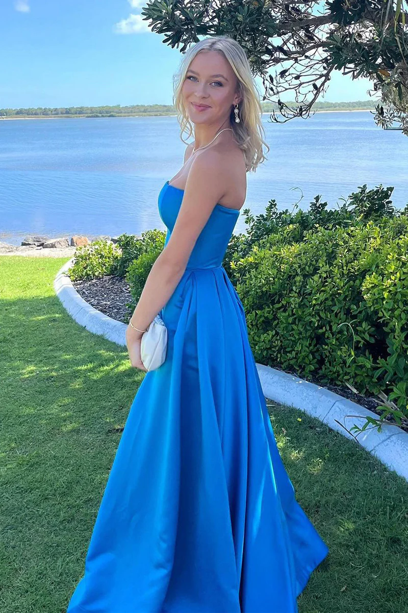 A-Line Strapless Blue Satin Long Prom Dresses