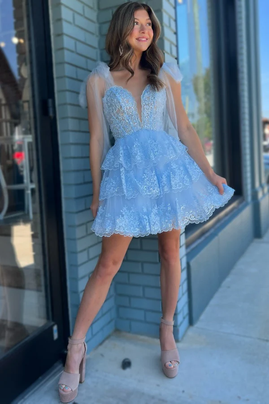 A-Line Strapless Fully Sequins Appliques Tiered Homecoming Dress