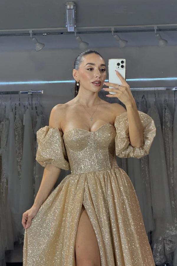 A-Line Strapless Gold Glitter Prom Dress with High Side Slit and Train