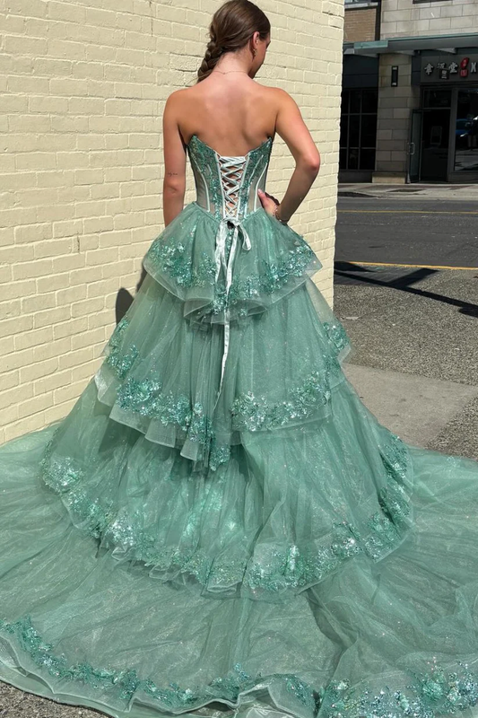 A-Line Strapless Sleeveless Pleated Appliques Tiered Green Prom Dress