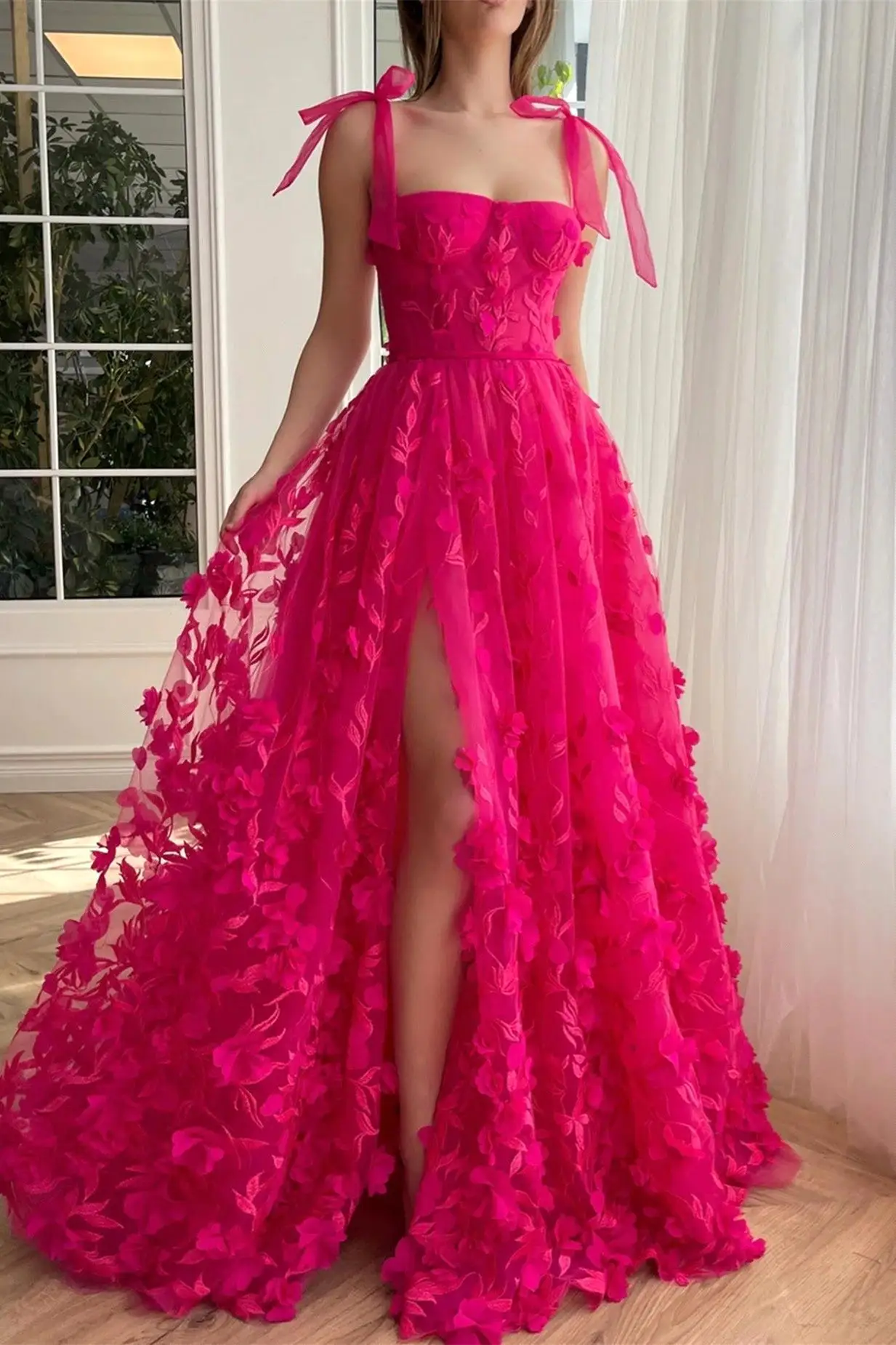 A-Line Princess Blue Straps Long Prom Floral Dresses With Split Side main image 1