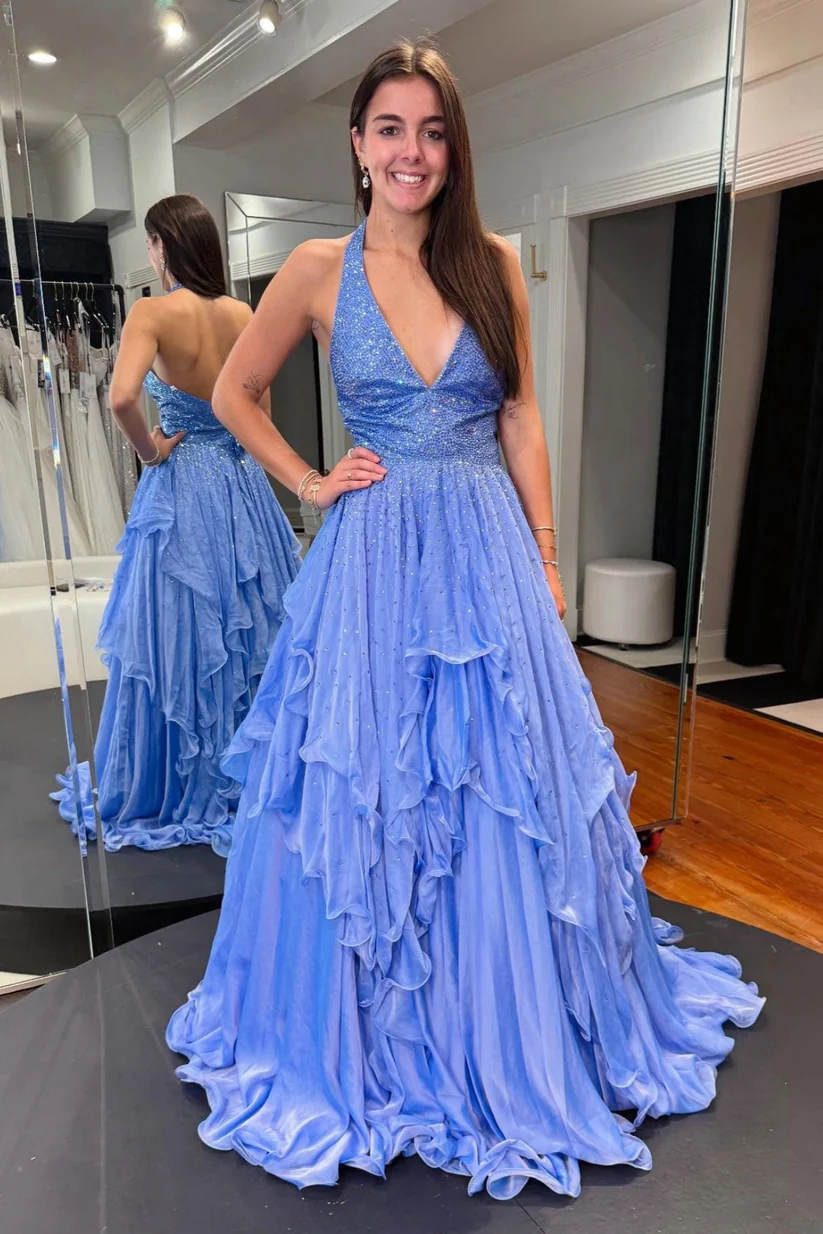 A-line Halter V-neck Beaded Prom Dress