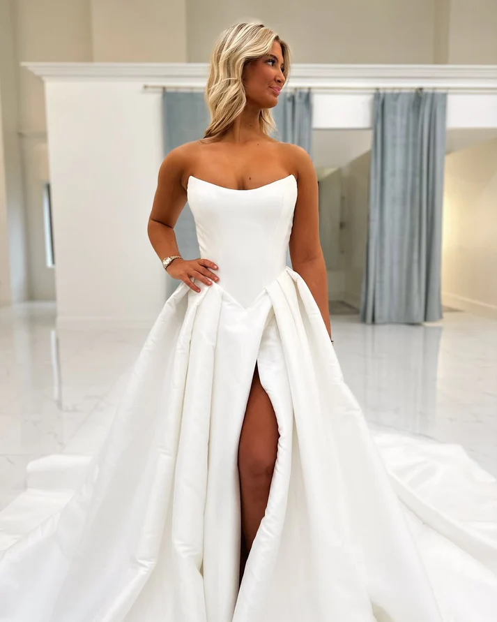 A Line Simple Satin Plus Size Bridal Wedding Dresses with Split