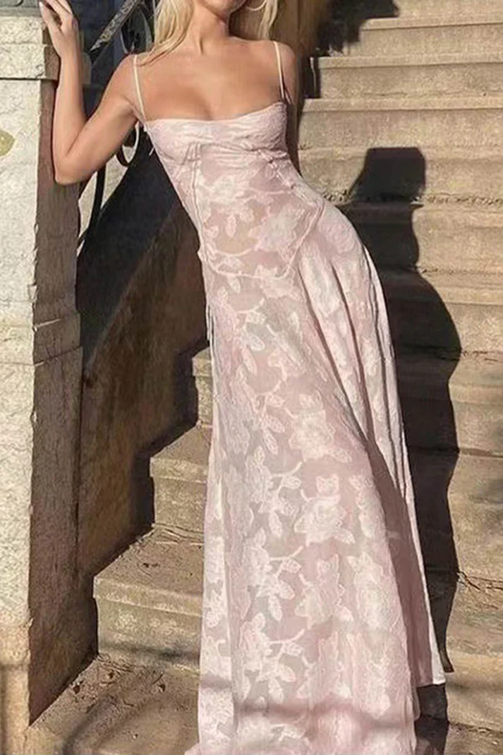 A Line Spaghetti Straps Floral Pink Lace Sleeveless Evening Prom Dresses