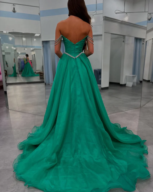 A Line Tulle Prom Dresses Long Off Shoulder Sequin Beaded Evening Gowns