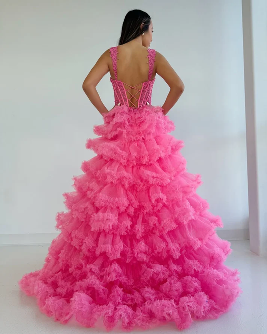 A Line Tulle Ruffles Prom Dresses Sweetheart Corset Evening Gowns with Slit