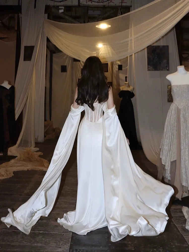 Adult Ceremony Dress Light Luxury Toast White Satin Prom Dress