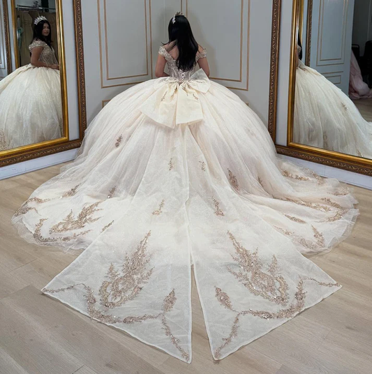 Ball Gown Off Shoulder Champagne Lace Appliqued Quinceanera Dresses with Bowknot