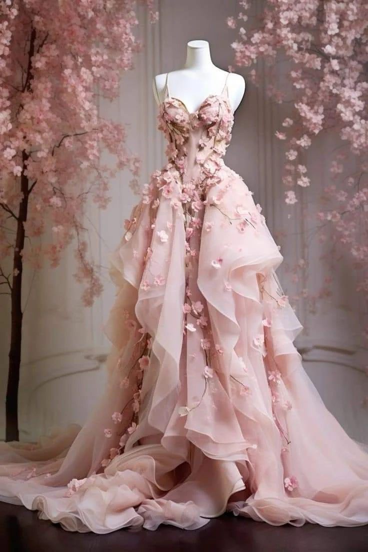 Ball Gown Spaghetti Straps Pink Floral Tulle Evening Dress Prom Dresses