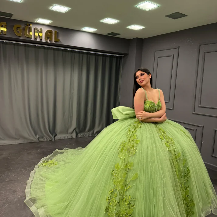 Ball Gown Strapless Spaghetti Straps Sleeveless Sequins Beaded Appliques Pleated Big Bow Knot Green Tulle Quinceanera Dress Birthday Party Dress