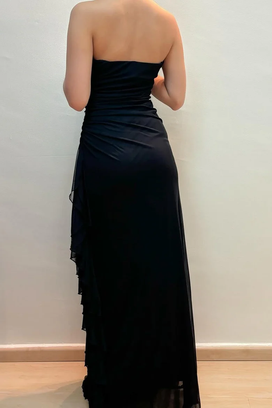 Black A-Line Strapless Empire-Waist Pleats Appliques Long Prom Dress