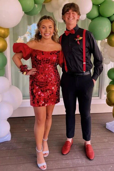 Black Cut Glass Mirror Puff Sleeve Short Homecoming Dress