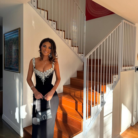 Black Spaghetti-Straps Sheath Rhinestone Sleeveless Prom Dress