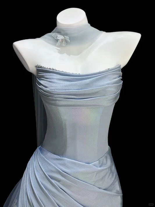 Blue Simple A Line Strapless Satin Tulle Long Prom Dress