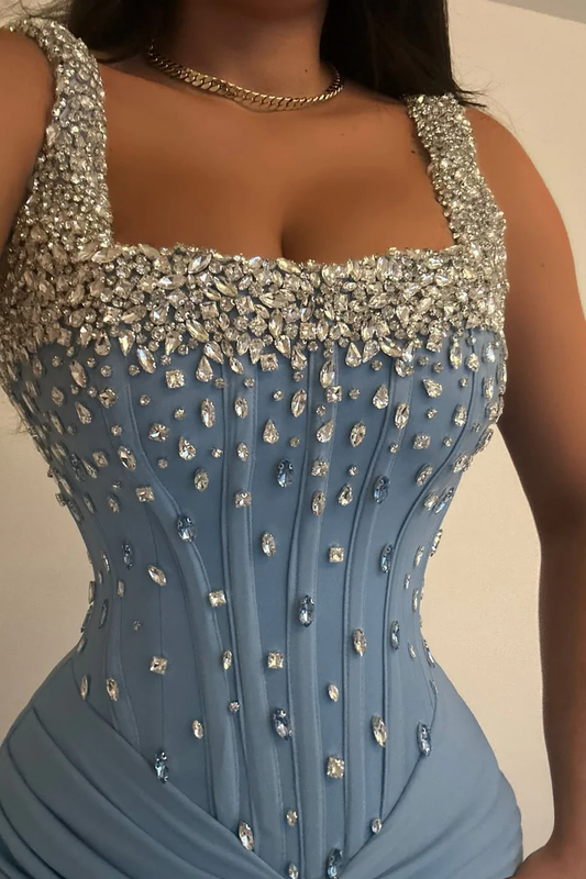 Blue Square Straps Sleeveless Satin Prom Dresses Mermaid Sheath With Gem