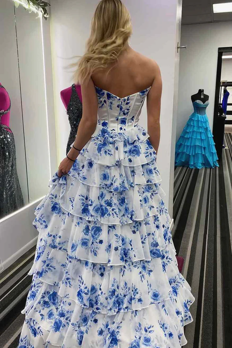 Blue Strapless A-Line V-Neck Tiered Printing Long Prom Dress