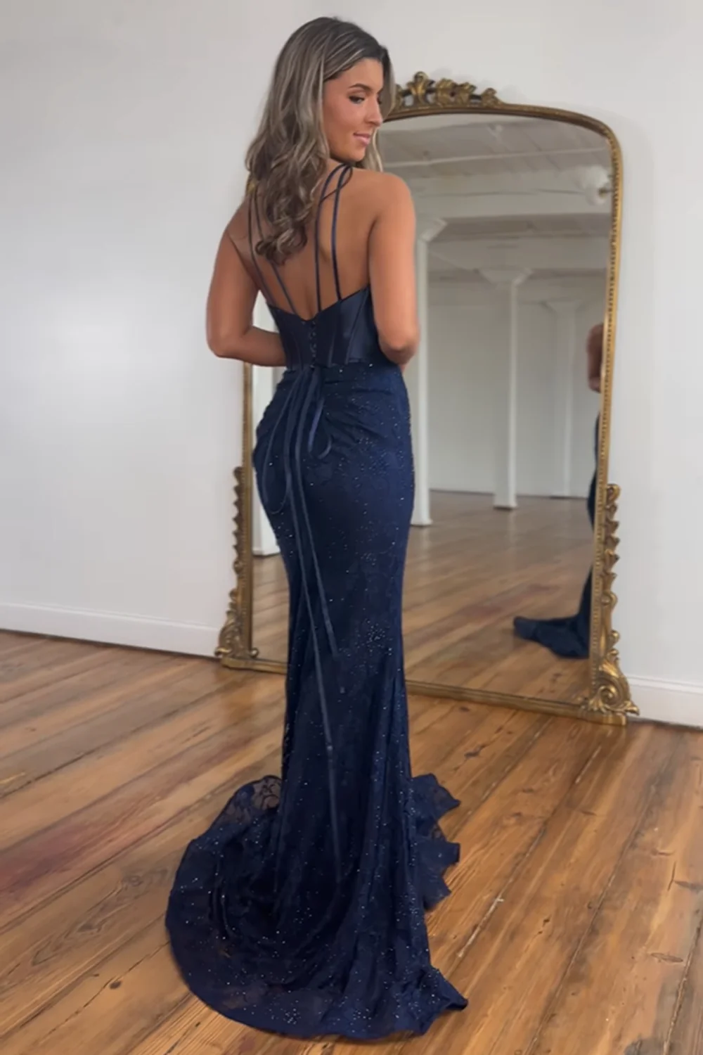 Charming Mermaid V Neck Blue Lace Prom Dresses with Beading