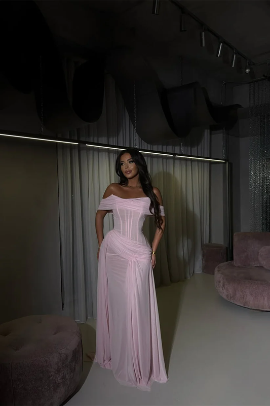 Charming Pink Off-The-Shoulder Chiffon Prom Dresses Mermaid Sheath With Ruffle Pleats