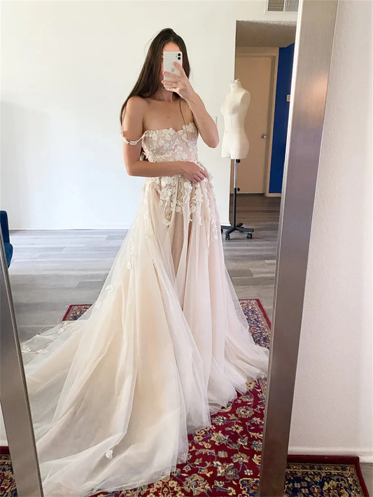 Charming Two Straps 3D Flower Lace Applique Bridal Grown A Line Wedding Dresses Custom Made