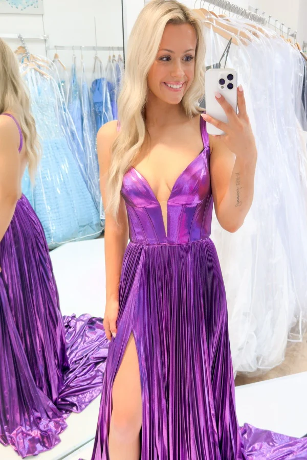 Chic A-Line V Neck Straps Sleeveless Pleated High Side Slit and Train Prom Party Dress Evening Dress Cocktail Dress