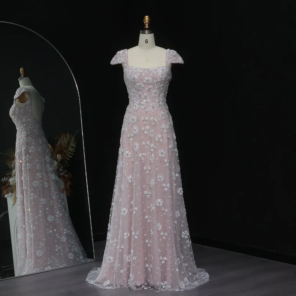 Chic Pink Floral Square Neck Backless Evening Dress Prom Dresses