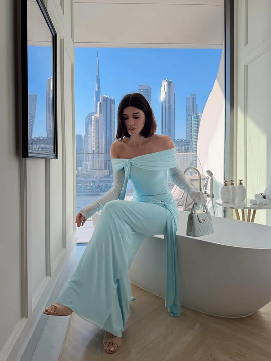 Chic Sky Blue Off-The-Shoulder Long Sleeves Pleated Chiffon Prom Dress