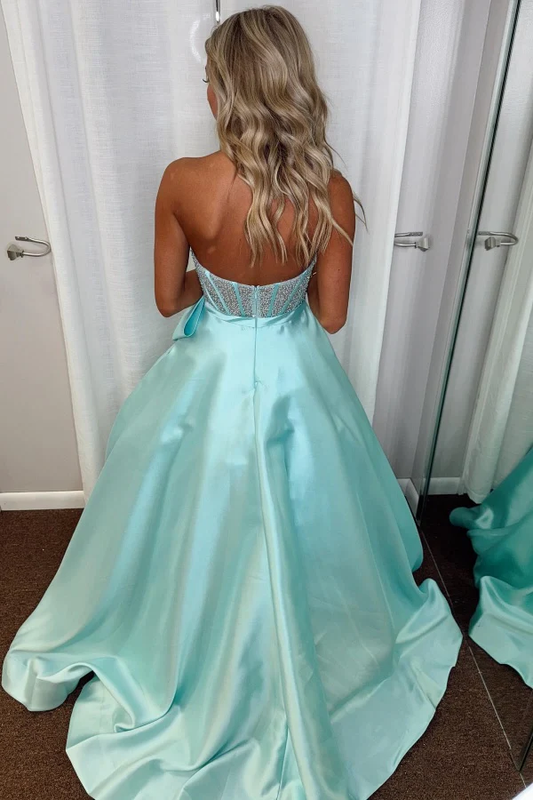 Chic & Modern A-Line Sweetheart Neck Sleeveless Beaded Pleated Prom Dress Floor Length Back Zipper Bow Knot Evening Gown