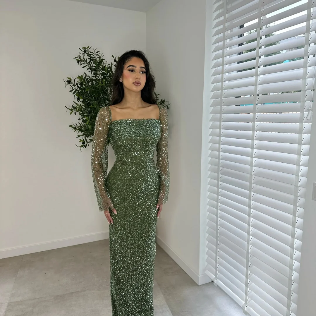 Customized Olive Green Square Neck Prom Dress Sequins Long Sleeves Detachable Train Evening Dresses