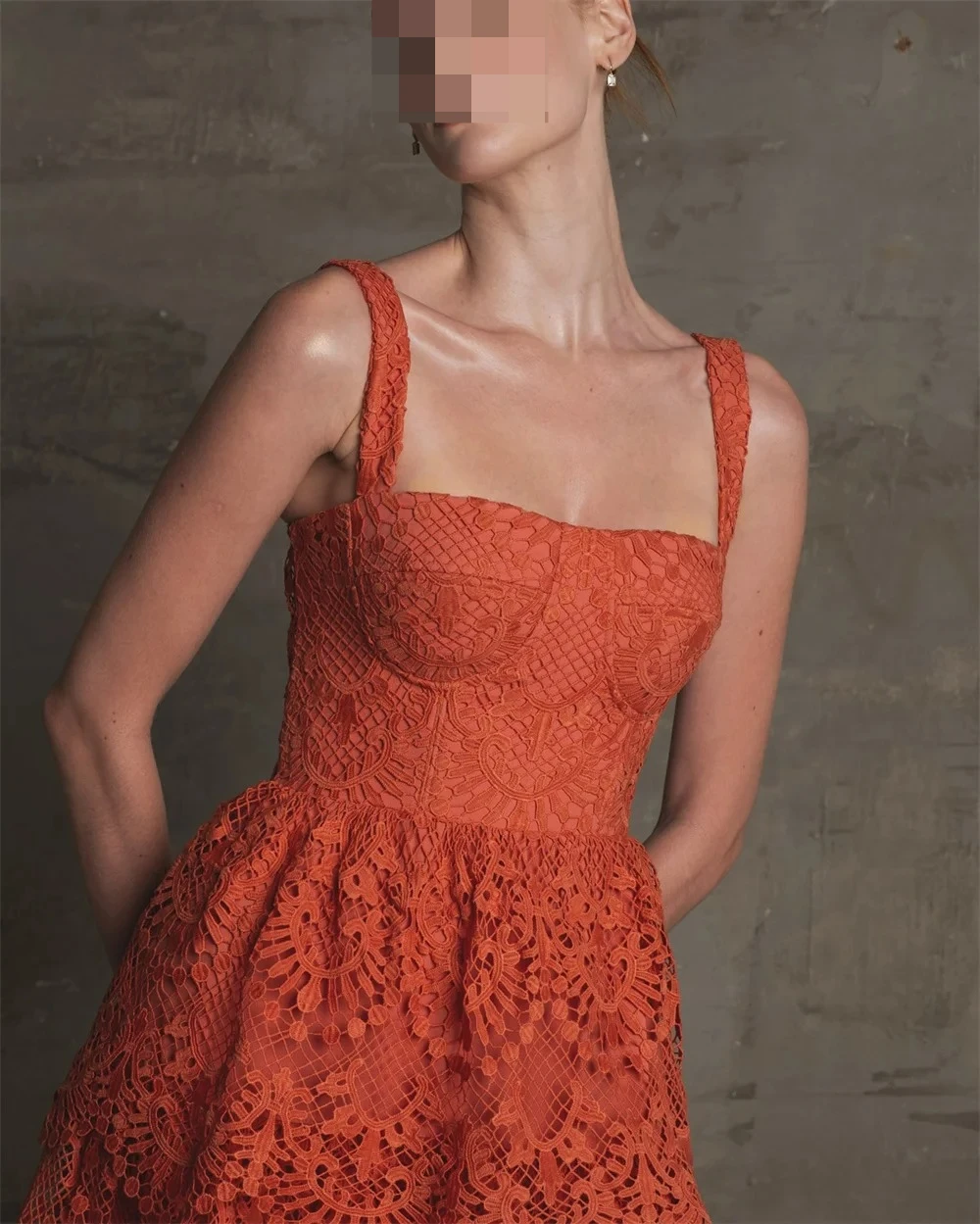 Customized Orange A-Line Cascading Ruffle Prom Dresses Square Collar Cut-out Sleeveless Evening Dress