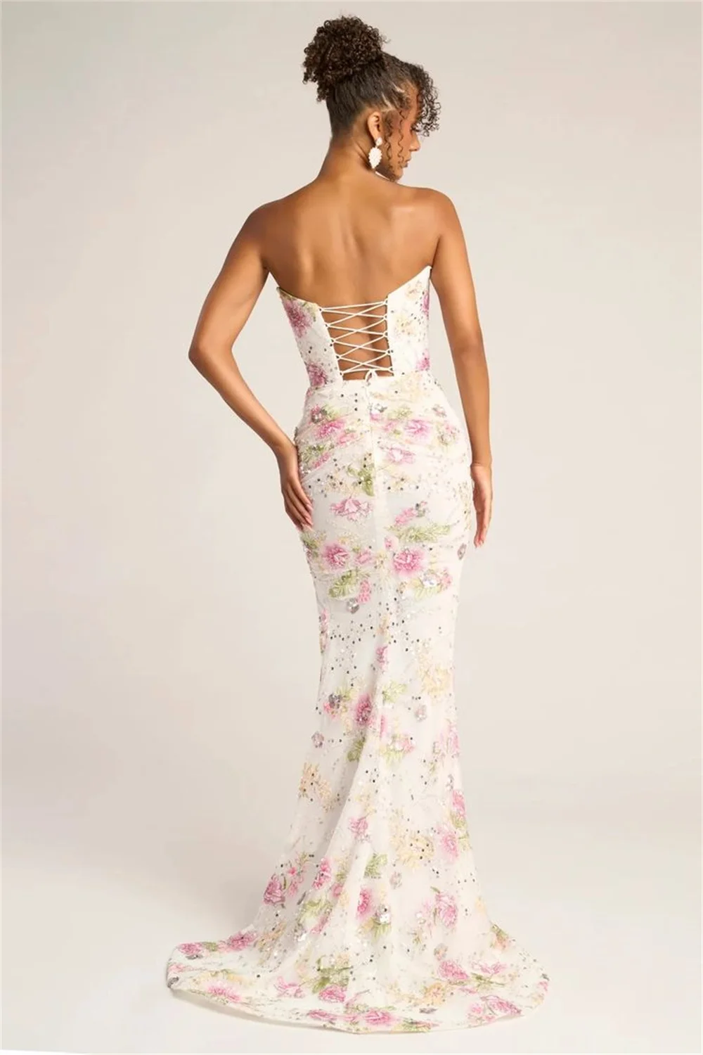 Customized White Strapless Shiny Flowers Prom Dress Side Slit Mermaid Lace-up Back Floor-Length Formal