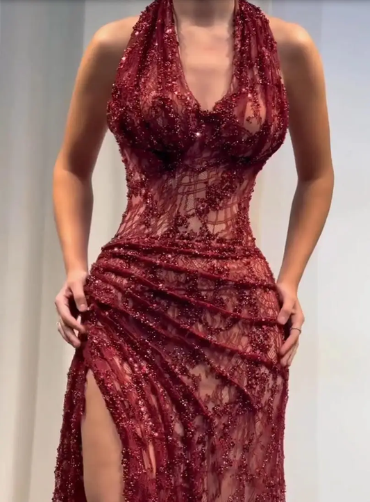 Customized Women Burgundy Deep V Prom Dress Lace Sequin Spaghetti Strap High Slit Slim Party Dresses for Elegant Occasions