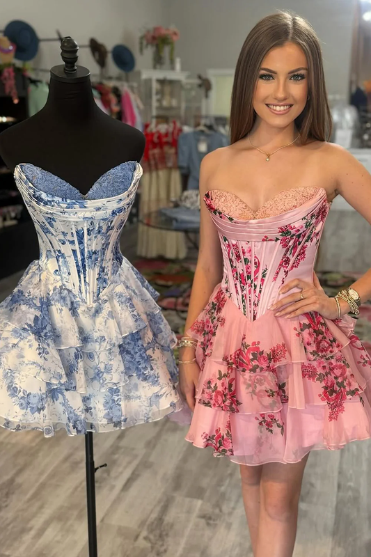 Cute A Line Sweetheart Floral Chiffon Short Homecoming Dress